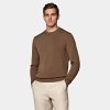 Mid Brown Crewneck - Add a soft, classic layer to any look with this casual light-brown sweater, featuring a richly ribbed hem, cuffs, and crewneck collar for some pronounced texture.